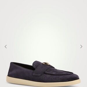Prada Women's Suede Loafers in Dark Blue and Cream